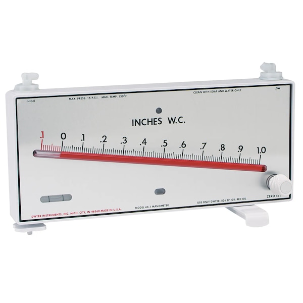 Molded plastic manometer, range 0-180 mm w.c., blue fluid, 1.91 sp. gr.